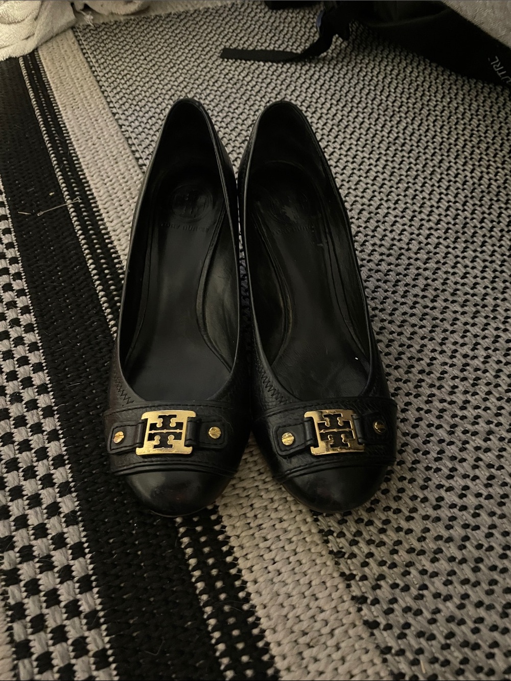 Black Leather Women'sTory Burch  wedge shoes with Gold Accent